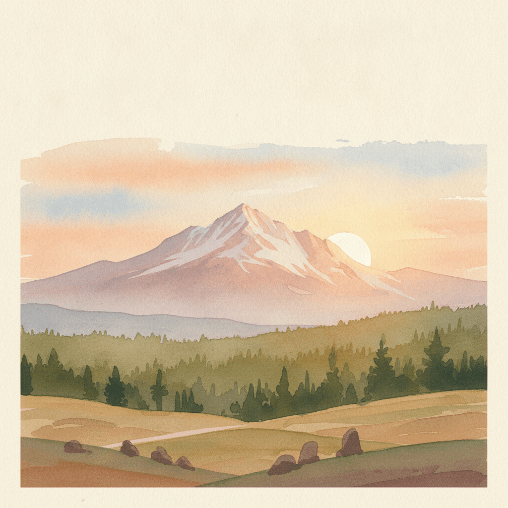 An abstract editorial illustration of a Colorado Springs vista at first light, with Pikes Peak and pine forest in soft watercolor, under warm afternoon light,…