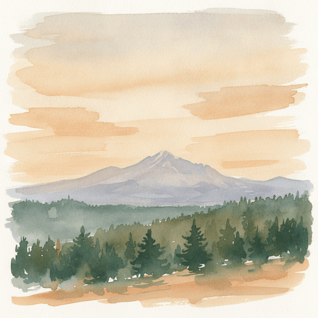 An abstract editorial illustration of a Colorado Springs vista at first light, with Pikes Peak and pine forest in soft watercolor, with soft amber afternoon…