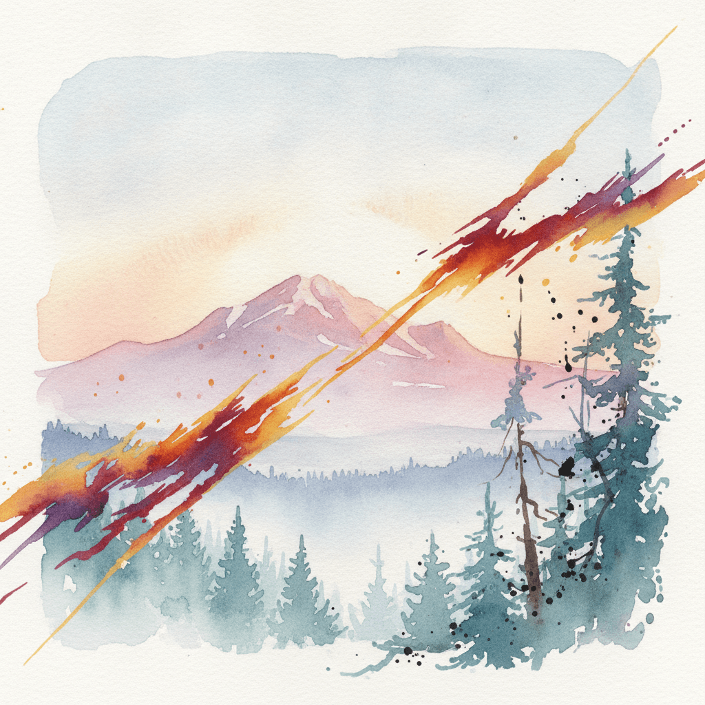 An abstract editorial illustration of a Colorado Springs vista at first light, with Pikes Peak and pine forest in soft watercolor, in harsh afternoon light…