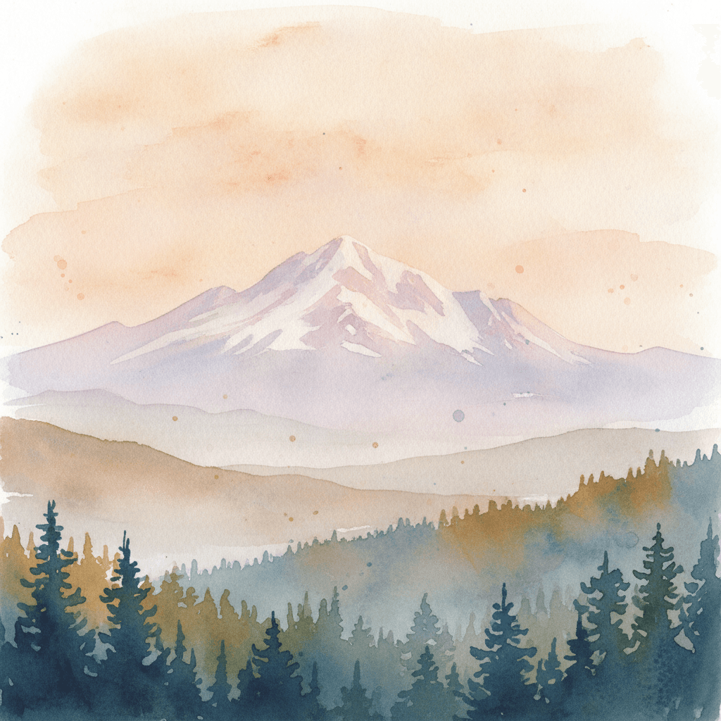 An abstract editorial illustration of a Colorado Springs vista at first light, with Pikes Peak and pine forest in soft watercolor, beneath warm afternoon…