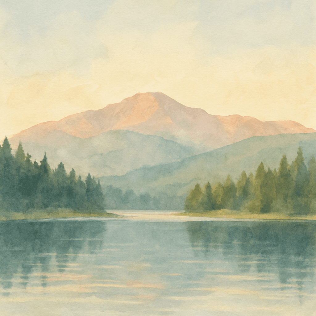 An abstract editorial illustration of a Colorado Springs vista at first light, with Pikes Peak and pine forest in soft watercolor, under soft summer light…
