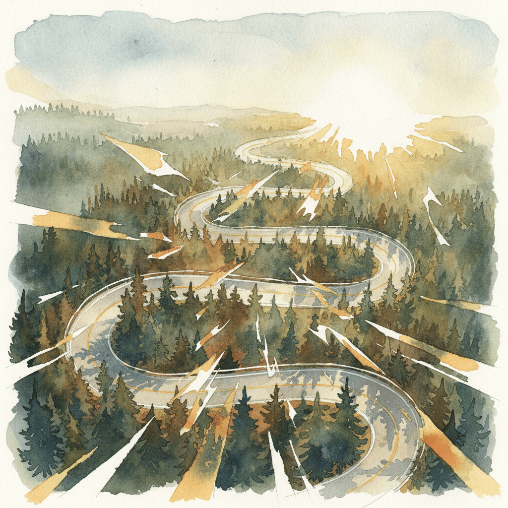 An abstract editorial illustration of a Colorado mountain highway curving through pine forest, viewed from above at golden hour, under harsh daylight with…