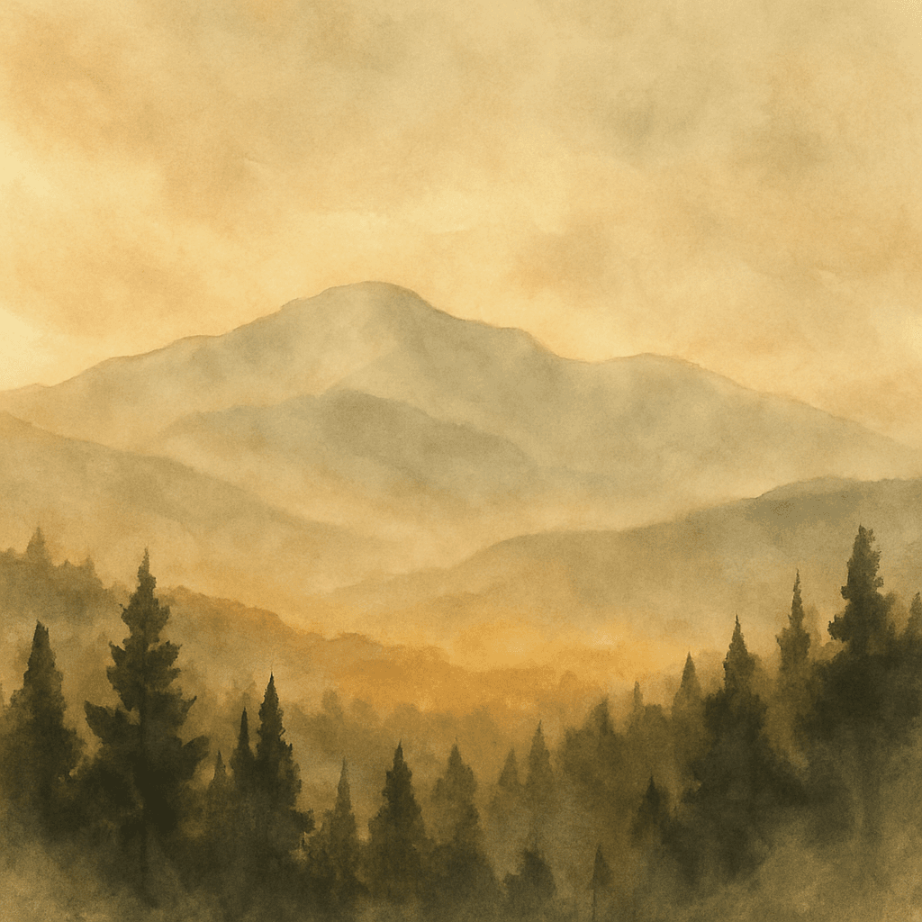 An abstract editorial illustration of a Colorado Springs vista at first light, with Pikes Peak and pine forest in soft watercolor, in hazy golden afternoon…