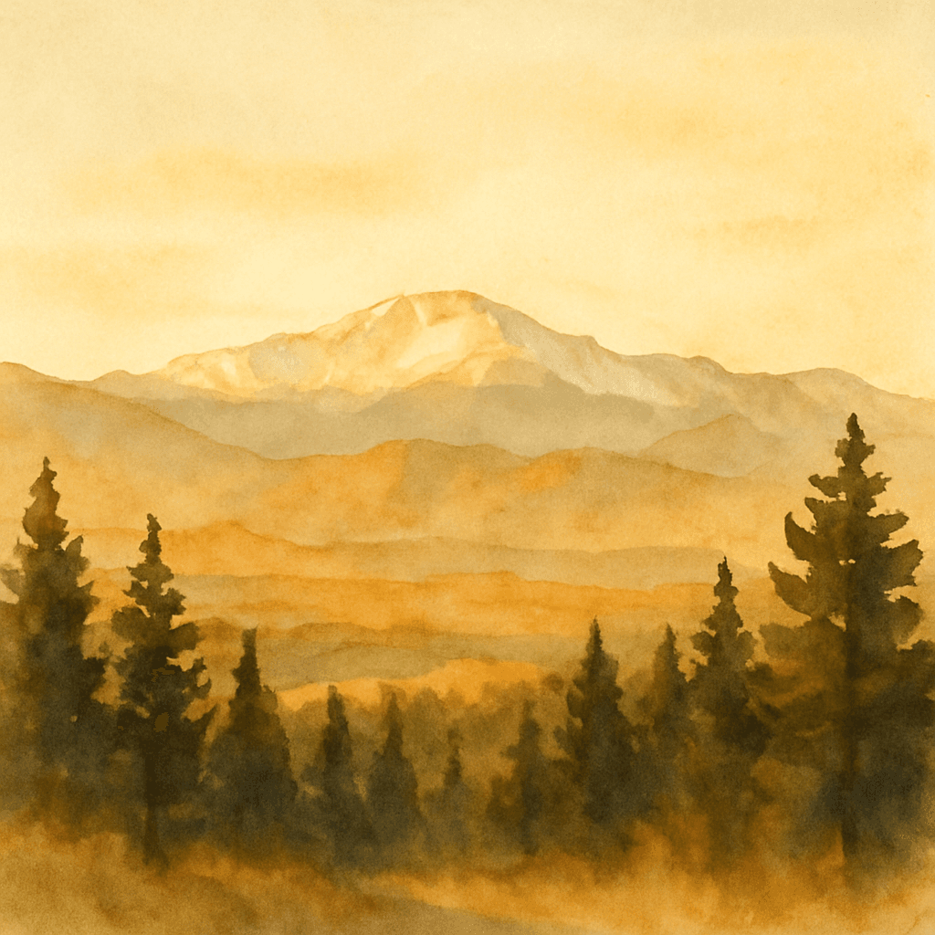 An abstract editorial illustration of a Colorado Springs vista at first light, with Pikes Peak and pine forest in soft watercolor, in warm golden evening…