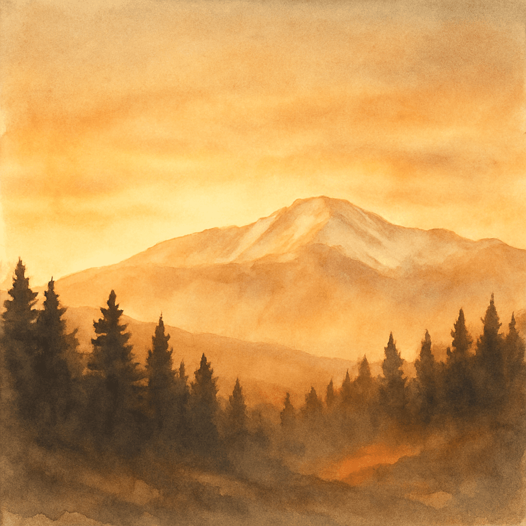 An abstract editorial illustration of a Colorado Springs vista at first light, with Pikes Peak and pine forest in soft watercolor, with warm amber stage…