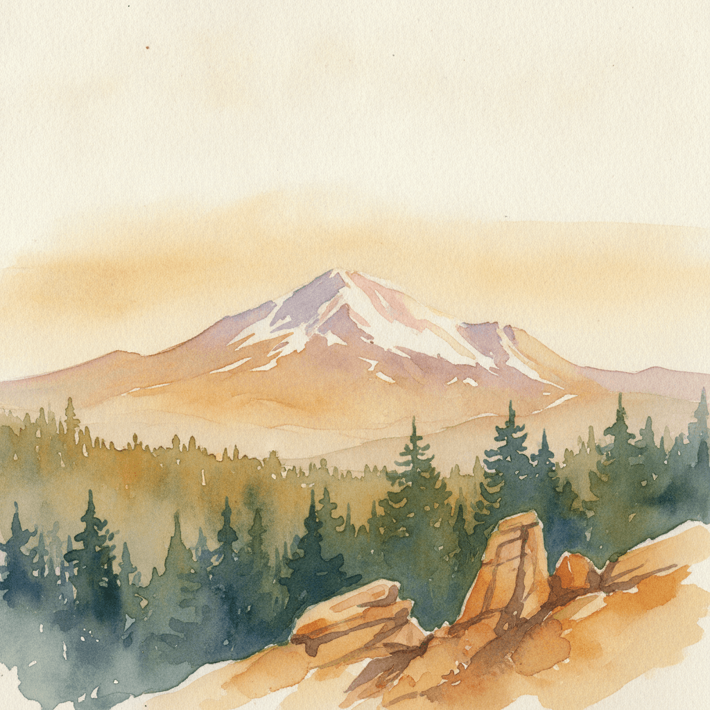 An abstract editorial illustration of a Colorado Springs vista at first light, with Pikes Peak and pine forest in soft watercolor, in golden afternoon light…