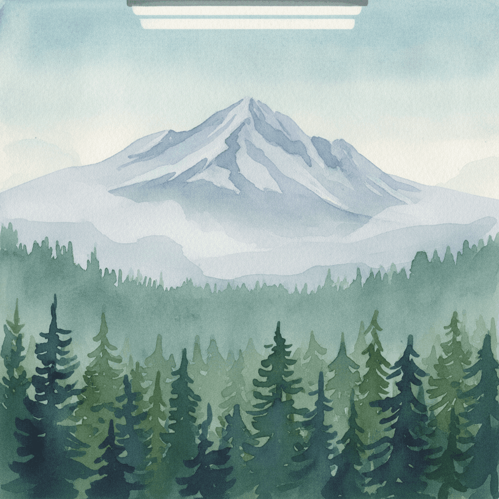 An abstract editorial illustration of a Colorado Springs vista at first light, with Pikes Peak and pine forest in soft watercolor, in harsh fluorescent…