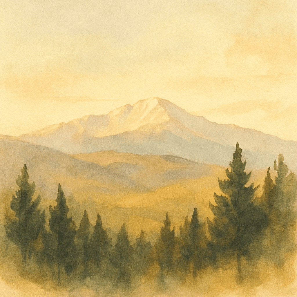 An abstract editorial illustration of a Colorado Springs vista at first light, with Pikes Peak and pine forest in soft watercolor, in golden afternoon light…