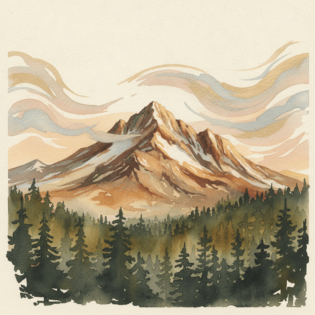 An abstract editorial illustration of a Colorado Springs vista at first light, with Pikes Peak and pine forest in soft watercolor, in warm metallic tones with…