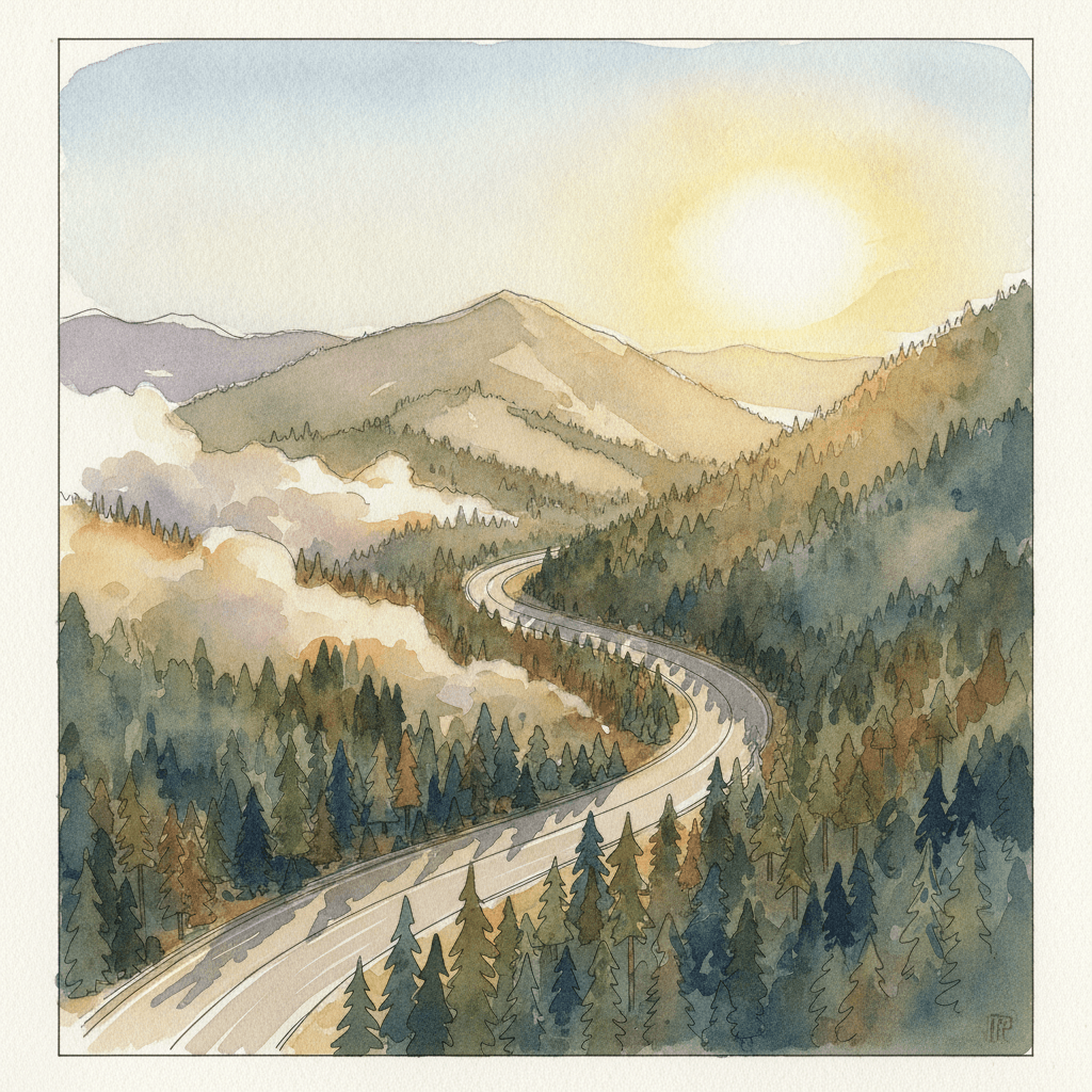 An abstract editorial illustration of a Colorado mountain highway curving through pine forest, viewed from above at golden hour, beneath bright midday sun,…
