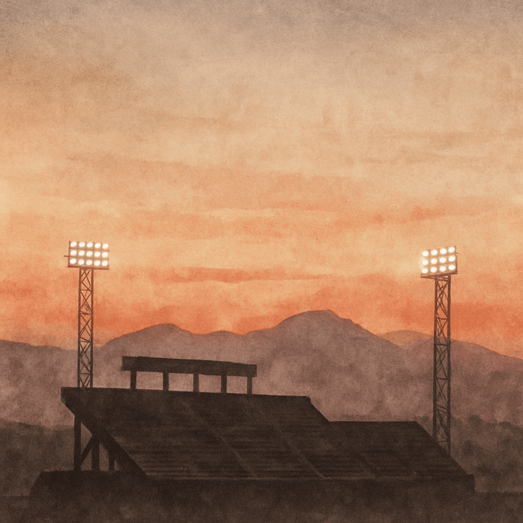 An abstract editorial illustration of an empty stadium silhouette against a Colorado sunset, with stadium lights just beginning to glow, in harsh midday glare…