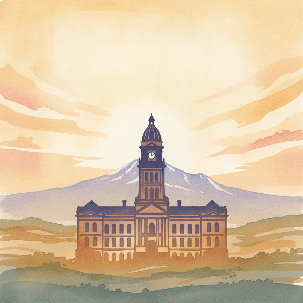 An abstract editorial illustration of a Colorado Springs municipal building silhouette against the morning sky, with Pikes Peak distant on the horizon, in…