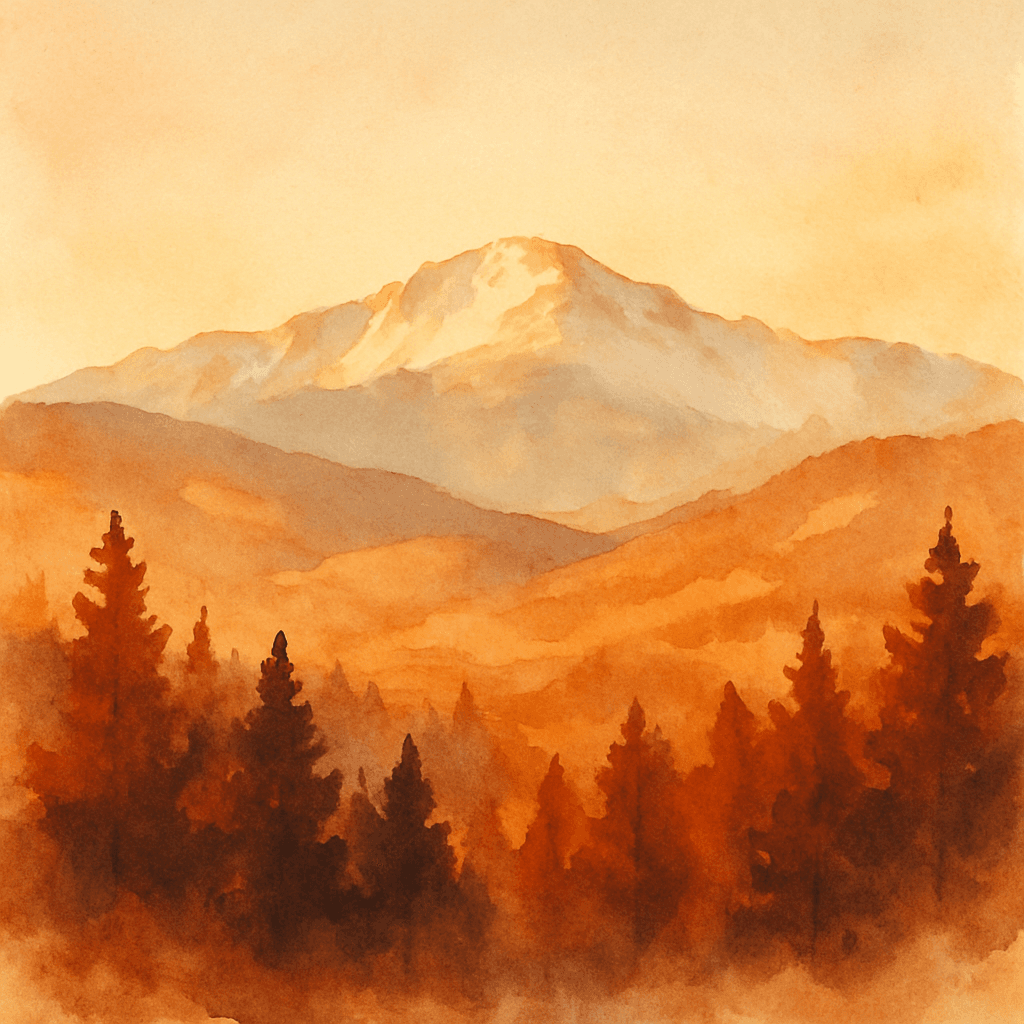 An abstract editorial illustration of a Colorado Springs vista at first light, with Pikes Peak and pine forest in soft watercolor, in warm amber and rust…