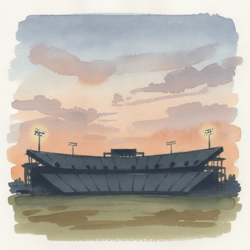 An abstract editorial illustration of an empty stadium silhouette against a Colorado sunset, with stadium lights just beginning to glow, in shadowed afternoon…