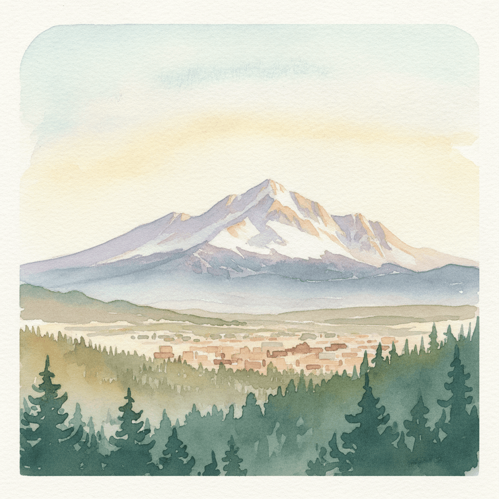 An abstract editorial illustration of a Colorado Springs vista at first light, with Pikes Peak and pine forest in soft watercolor, in bright classroom…