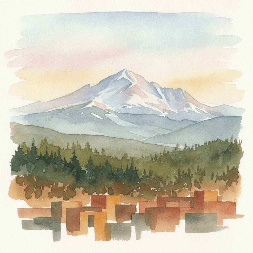 An abstract editorial illustration of a Colorado Springs vista at first light, with Pikes Peak and pine forest in soft watercolor, in afternoon clarity with…