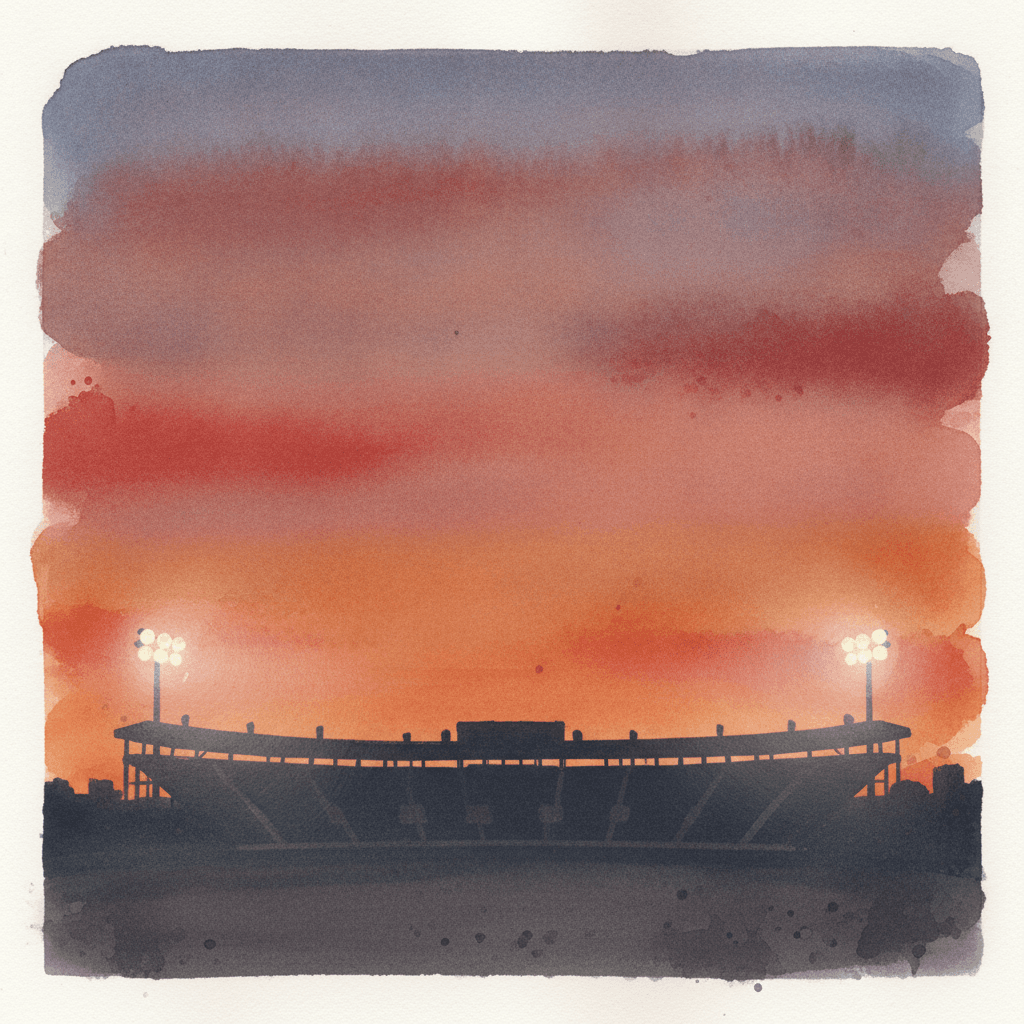 An abstract editorial illustration of an empty stadium silhouette against a Colorado sunset, with stadium lights just beginning to glow, under stadium lights…