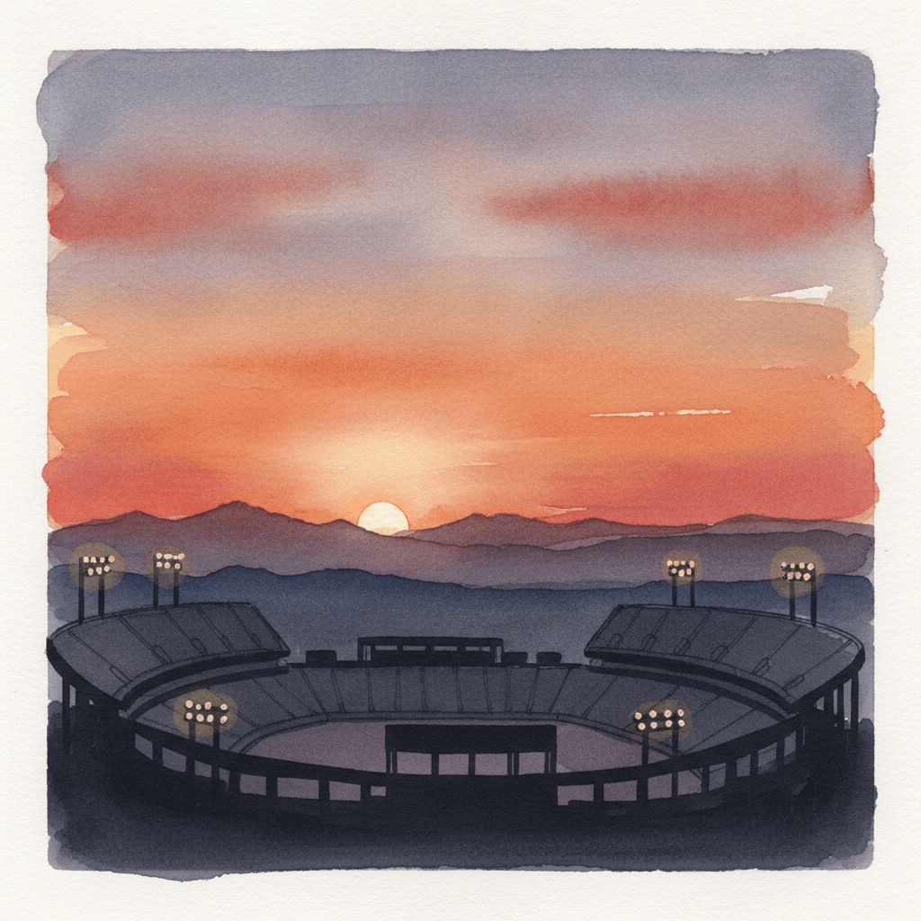 An abstract editorial illustration of an empty stadium silhouette against a Colorado sunset, with stadium lights just beginning to glow, under warm evening…