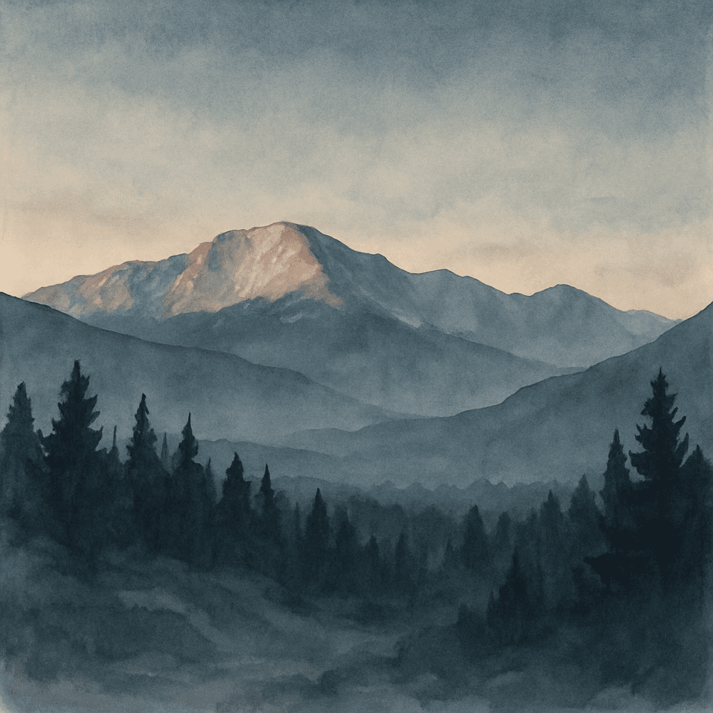 An abstract editorial illustration of a Colorado Springs vista at first light, with Pikes Peak and pine forest in soft watercolor, under cool evening shadows,…