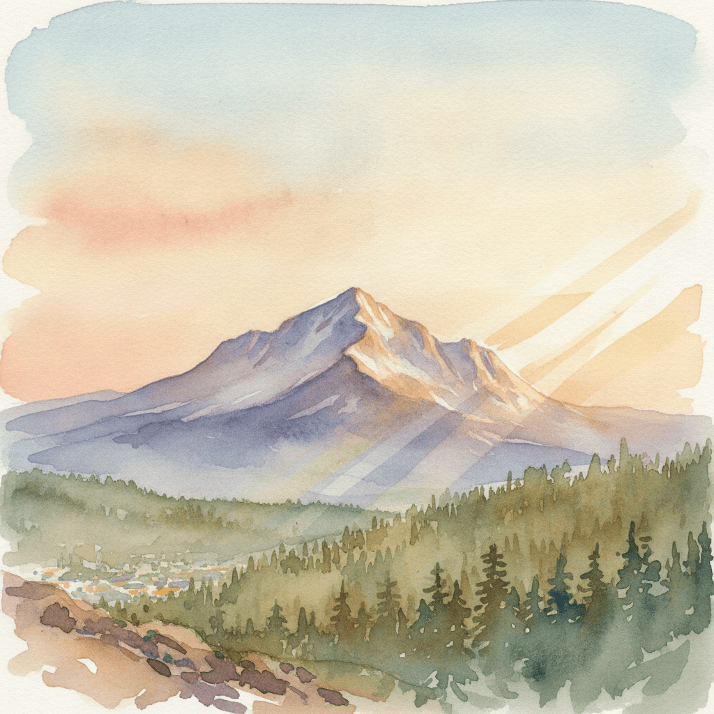 An abstract editorial illustration of a Colorado Springs vista at first light, with Pikes Peak and pine forest in soft watercolor, under warm afternoon light…