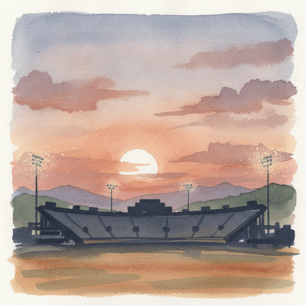 An abstract editorial illustration of an empty stadium silhouette against a Colorado sunset, with stadium lights just beginning to glow, under soft afternoon…