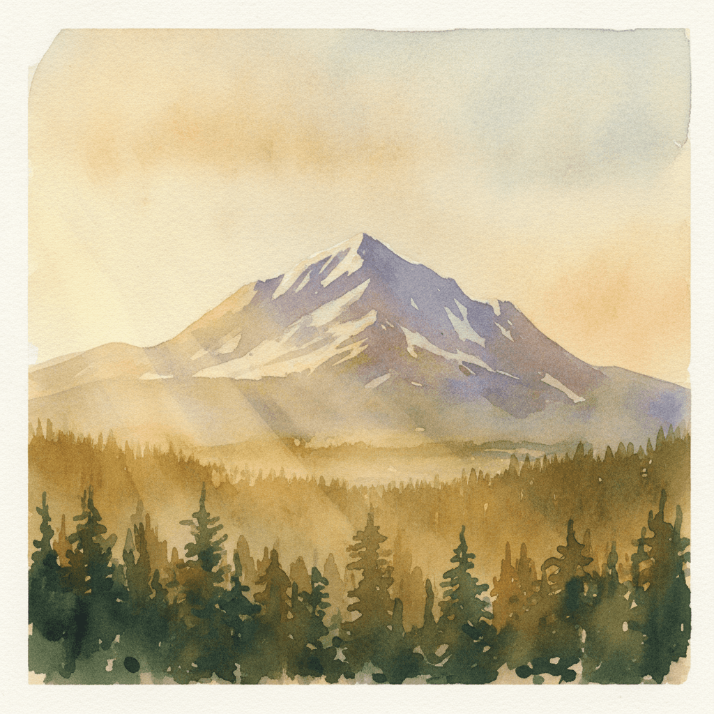 An abstract editorial illustration of a Colorado Springs vista at first light, with Pikes Peak and pine forest in soft watercolor, in warm late-summer…