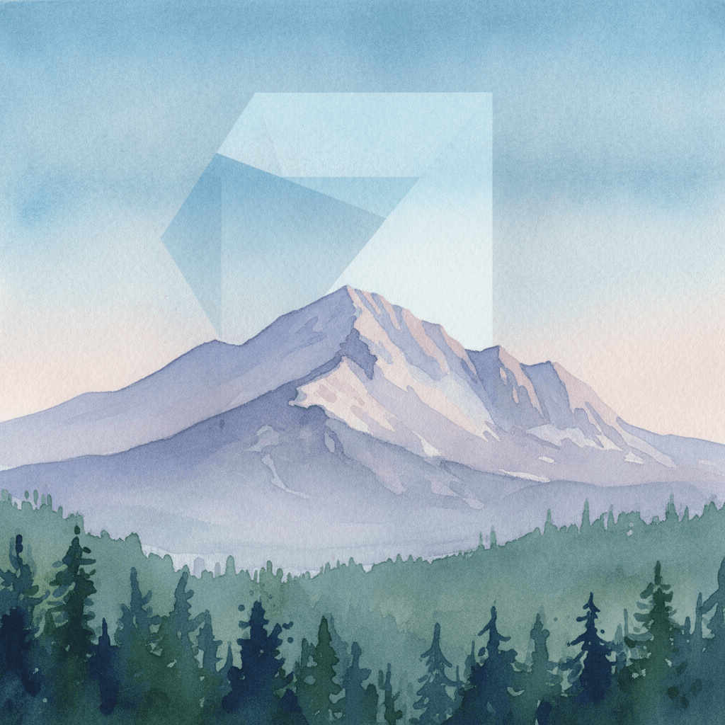 An abstract editorial illustration of a Colorado Springs vista at first light, with Pikes Peak and pine forest in soft watercolor, under cool digital blue…