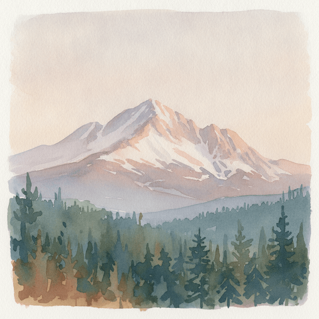 An abstract editorial illustration of a Colorado Springs vista at first light, with Pikes Peak and pine forest in soft watercolor, in soft morning light with…