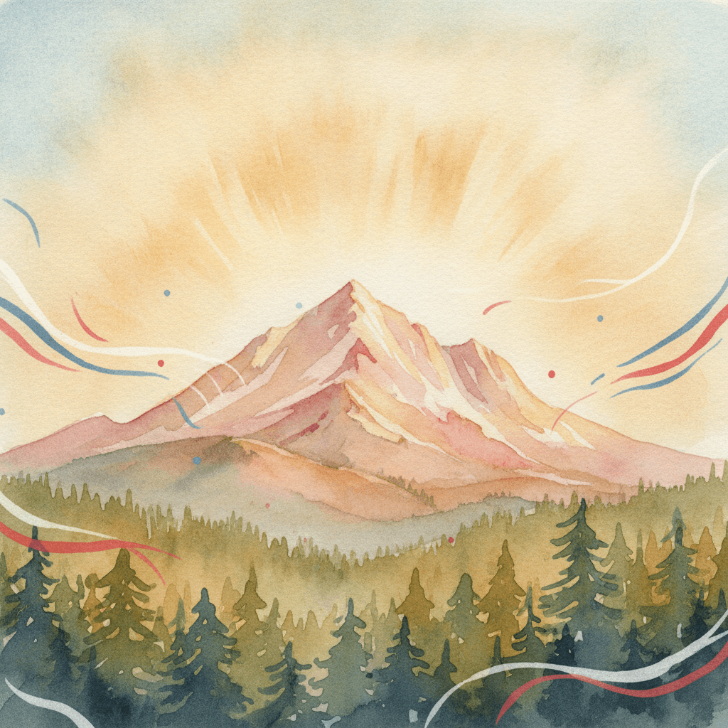 An abstract editorial illustration of a Colorado Springs vista at first light, with Pikes Peak and pine forest in soft watercolor, in warm afternoon light…