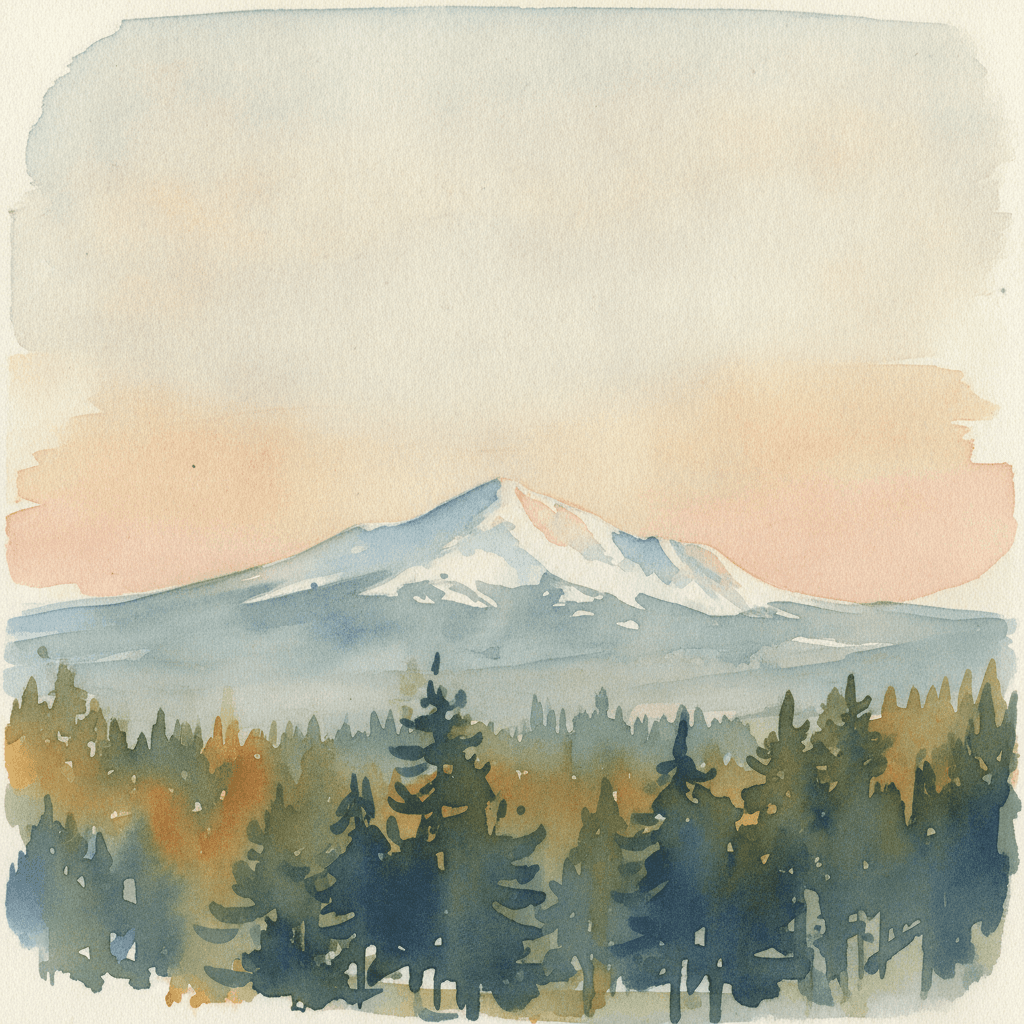 An abstract editorial illustration of a Colorado Springs vista at first light, with Pikes Peak and pine forest in soft watercolor, with amber evening light…