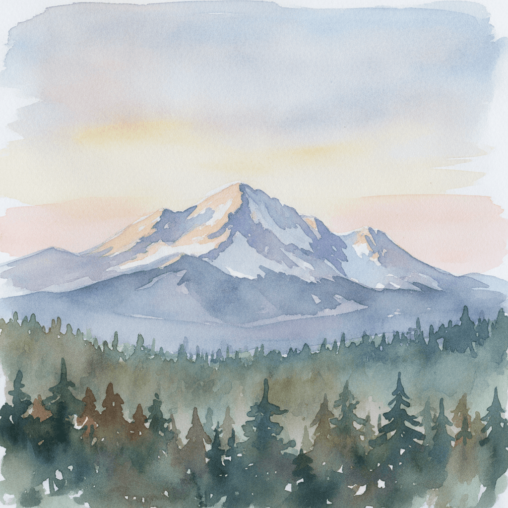 An abstract editorial illustration of a Colorado Springs vista at first light, with Pikes Peak and pine forest in soft watercolor, in fluorescent retail light…