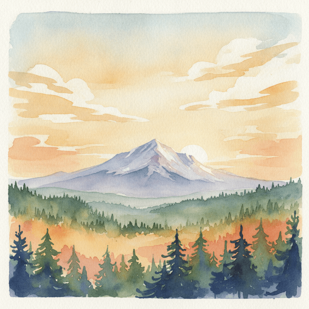 An abstract editorial illustration of a Colorado Springs vista at first light, with Pikes Peak and pine forest in soft watercolor, under warm golden hour…