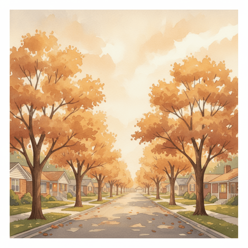 An abstract editorial illustration of a quiet Colorado Springs residential street with mature trees, viewed in early autumn light, in warm golden afternoon…