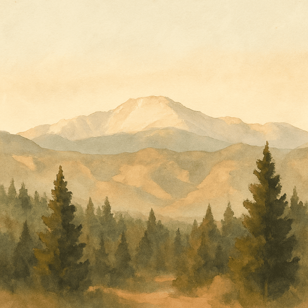 An abstract editorial illustration of a Colorado Springs vista at first light, with Pikes Peak and pine forest in soft watercolor, under soft afternoon light,…