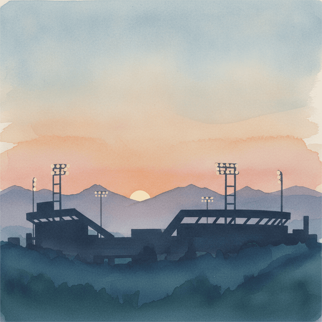 An abstract editorial illustration of an empty stadium silhouette against a Colorado sunset, with stadium lights just beginning to glow, in crisp mountain…