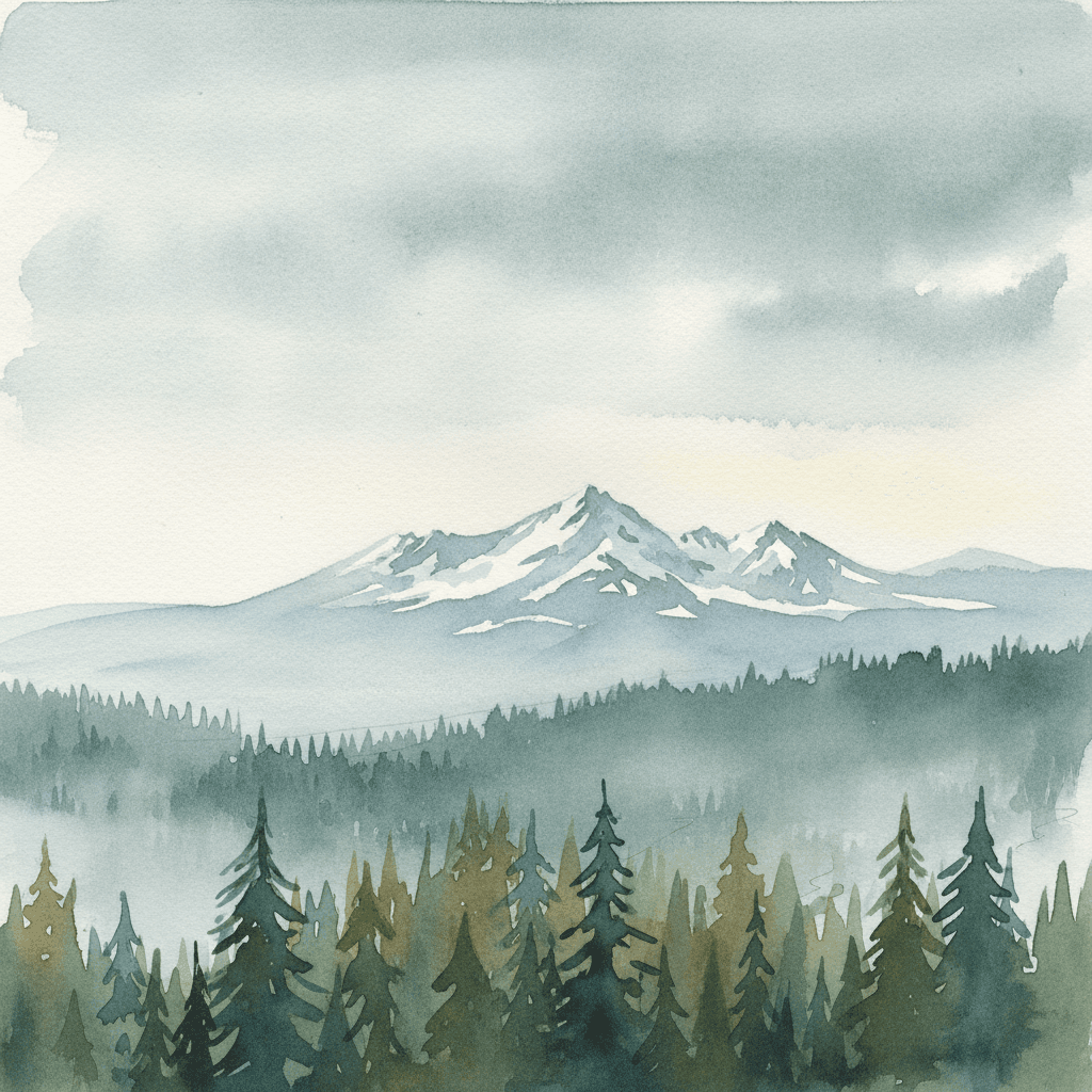 An abstract editorial illustration of a Colorado Springs vista at first light, with Pikes Peak and pine forest in soft watercolor, under gray winter light,…