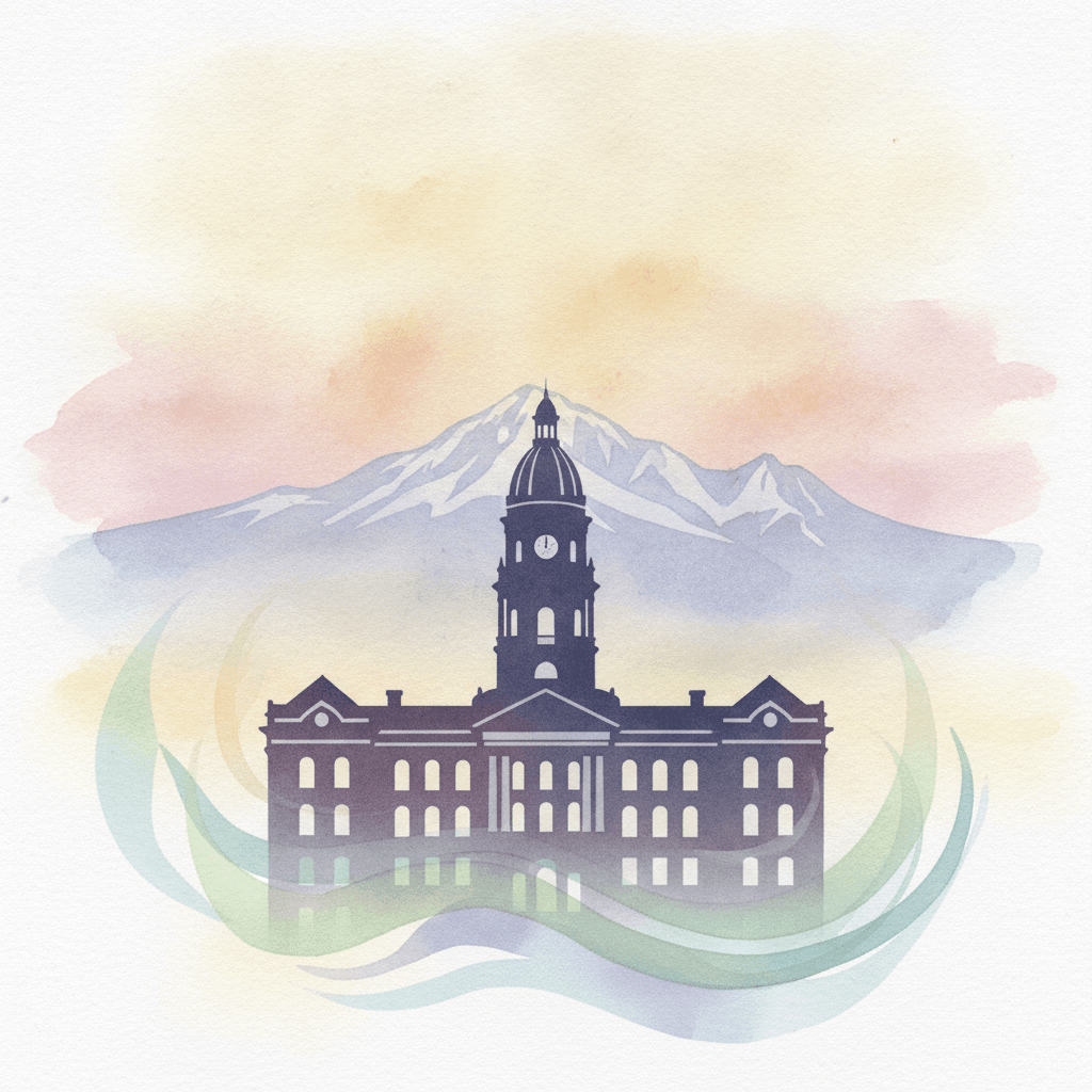 An abstract editorial illustration of a Colorado Springs municipal building silhouette against the morning sky, with Pikes Peak distant on the horizon, in…